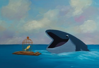 Visuel du film "L'Oiseau et la Baleine" diffusé à l'espace rivage, Une baleine qui regarde un oiseau en cage 