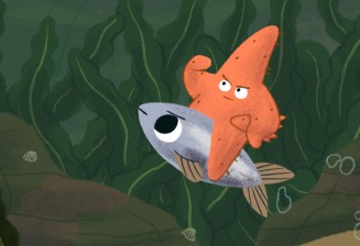Une etoile de mer sur un hareng, personnages de dessin-animé