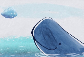 Illustration d'une baleine qui regarde un petit nuage en souriant