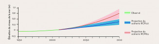 Elévation globale du niveau de la mer constatée et prévue entre 1950 et 2100